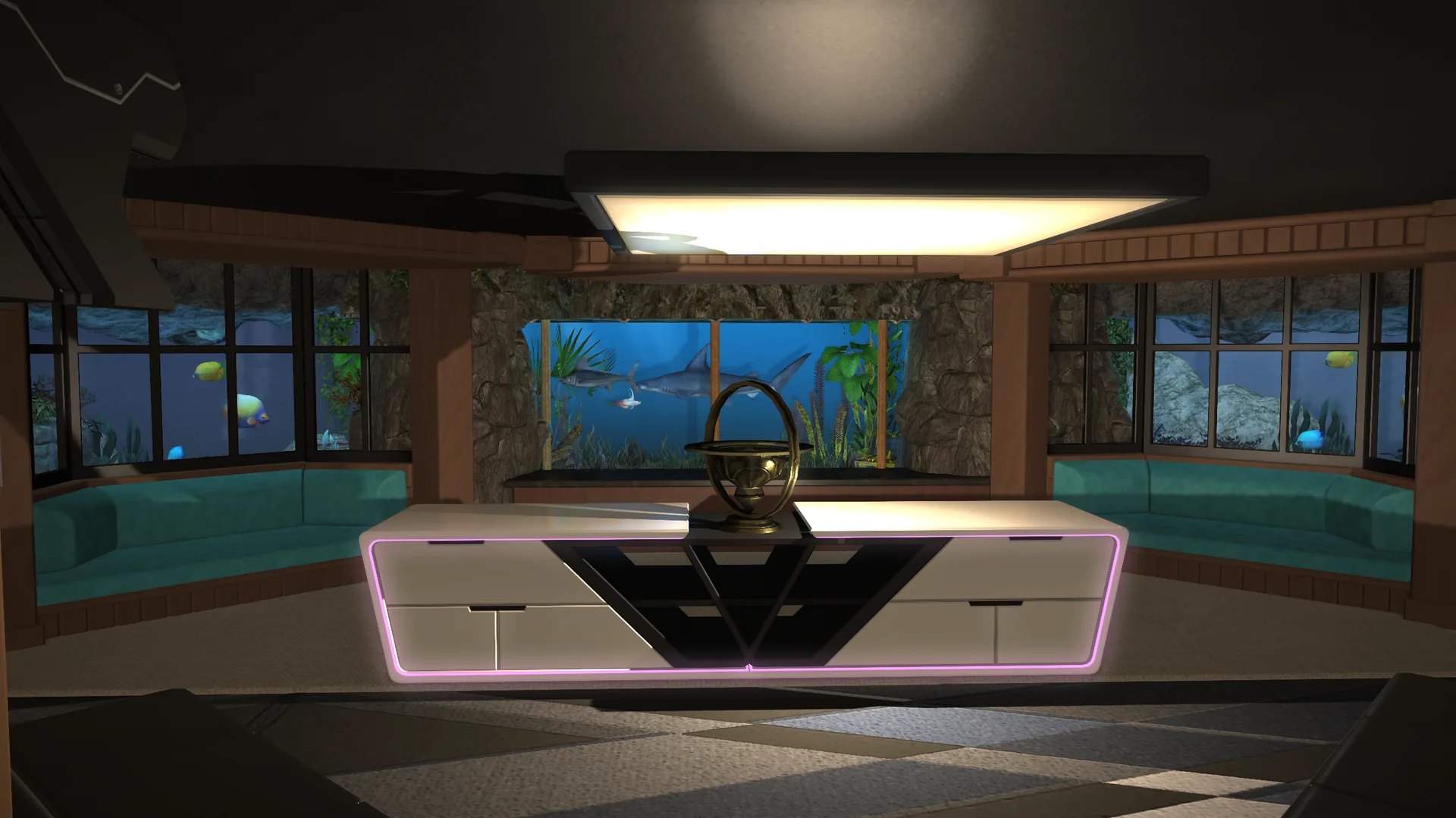 A room ringed with floor-to-ceiling aquarium windows — a shark cruising past tropical fish and kelp — with teal banquette seating curving along the walls, a broad ceiling panel lighting the room, and a white counter edged in magenta neon across the foreground.