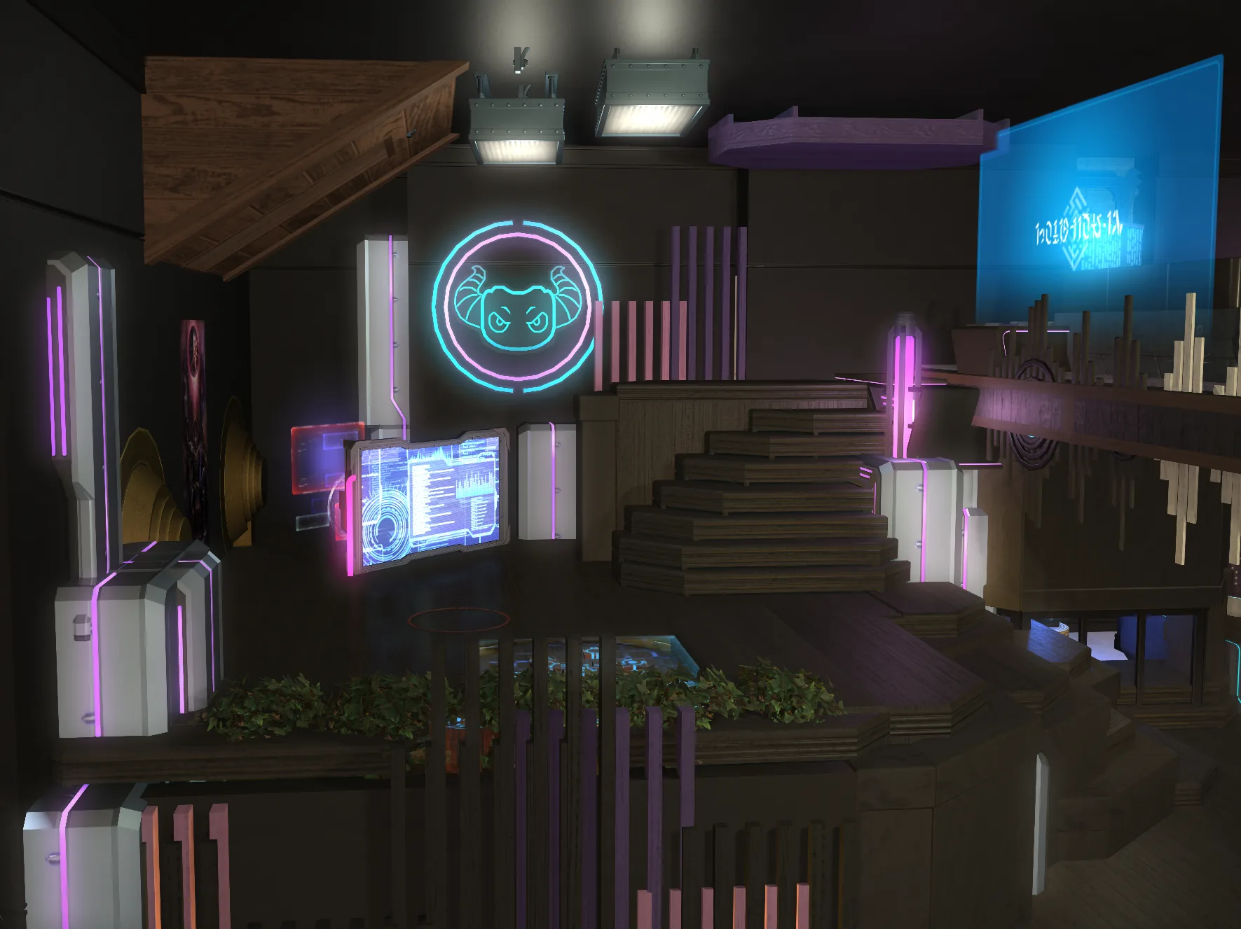 The dance floor seen from the balcony above, lit by two stage lamps: the Free Company crest — a horned creature outlined in cyan and magenta neon — mounted on the wall beside a holographic screen, a broad wooden staircase climbing to the upper floor, and planters of ivy along the railing in the foreground.