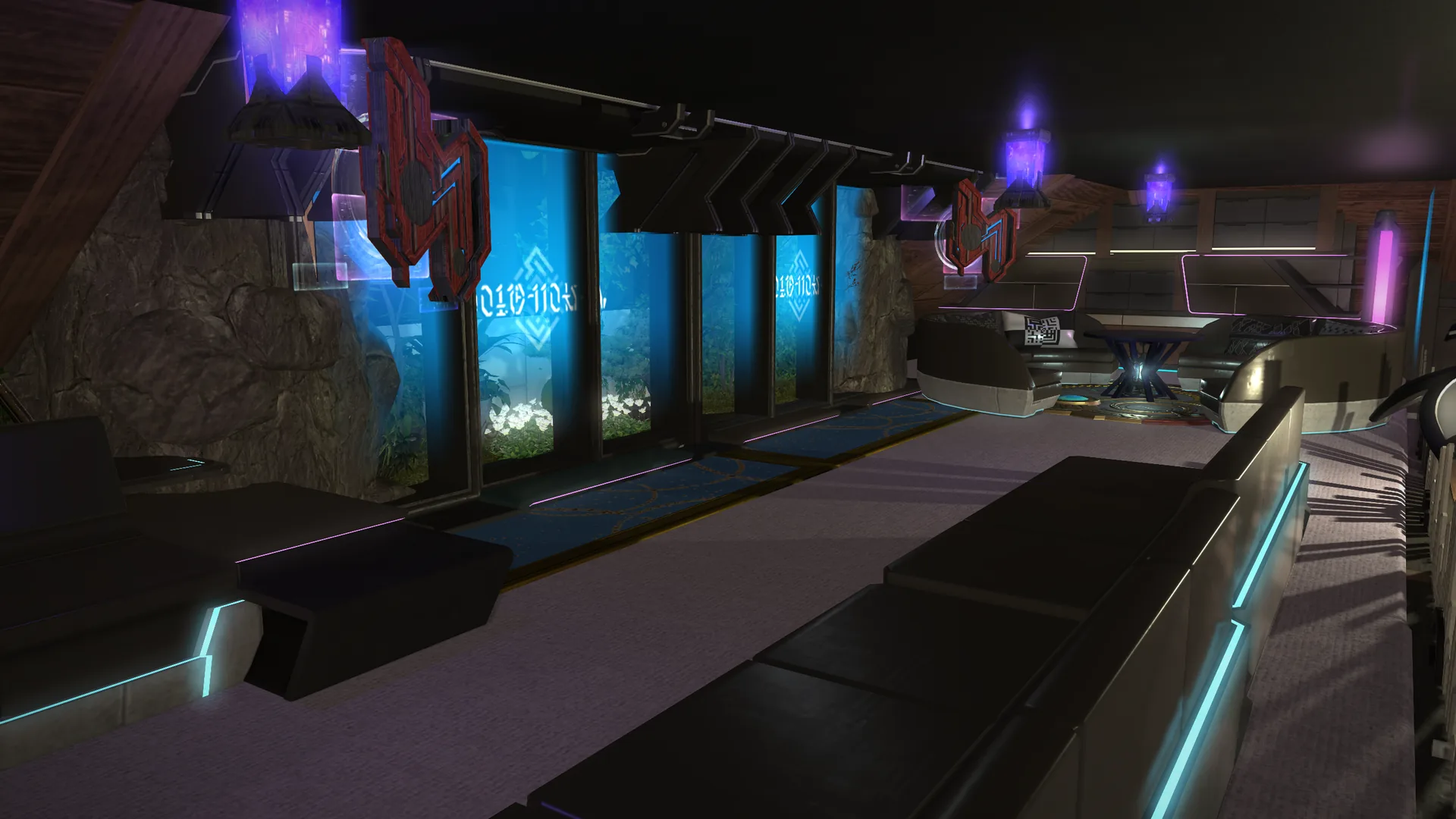 The upper terrace looking along its length: tall blue panels etched with glowing glyphs set into a rock wall, red crest banners and violet lamps hanging above them, teal neon tracing the run of low benches down both sides, and a seating area around a lit round table at the far end.