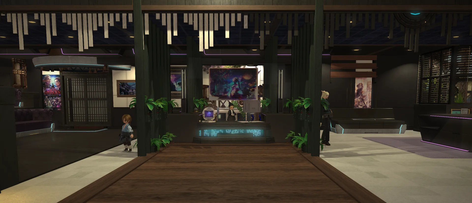 The entry hall seen down a timber walkway: a reception counter glowing teal with a scrolling display panel, a hanging slat sculpture across the ceiling, magenta and purple light strips tracing the beams, framed art along the walls, potted ferns lining both sides, and two characters standing in the hall.