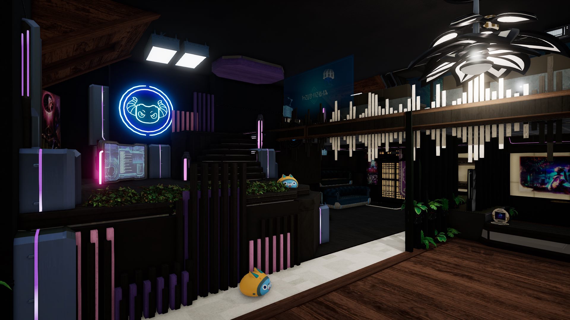 The neon-lit ground floor: magenta and purple light strips running up white panelled pillars, a bar hung with glowing white rods, a teal couch, and ivy planters beneath a dark timber ceiling.