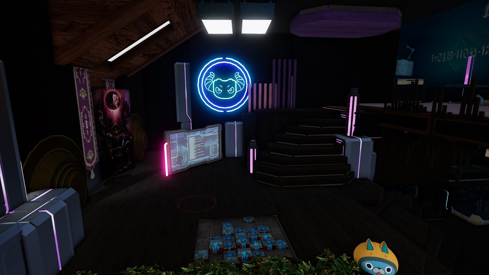 A glowing blue neon crest of a horned creature mounted on the wall above a dark staircase, with a holographic terminal screen and a rune-patterned rug in front of it.