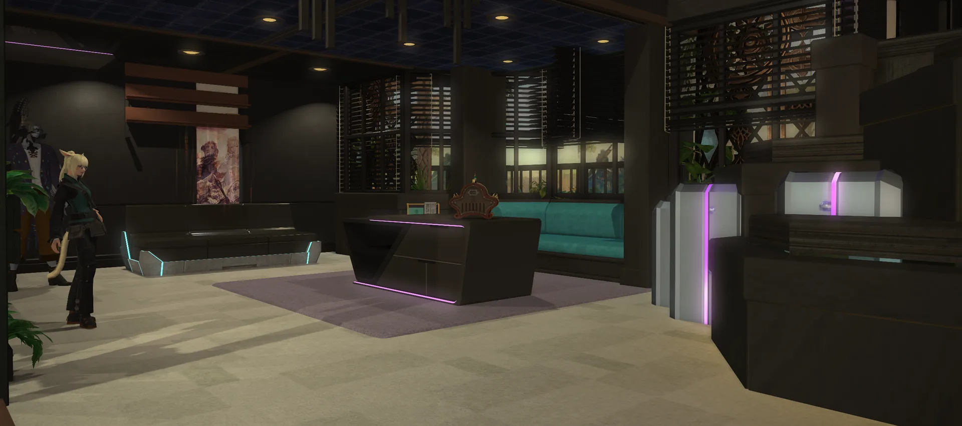 A lounge in dark tones: a black couch trimmed in teal light, a low black table edged in magenta neon on a purple rug, a teal window bench beneath shuttered windows glowing with warm evening light, magenta-lit cabinets along the right wall, and a character crossing the pale stone floor.