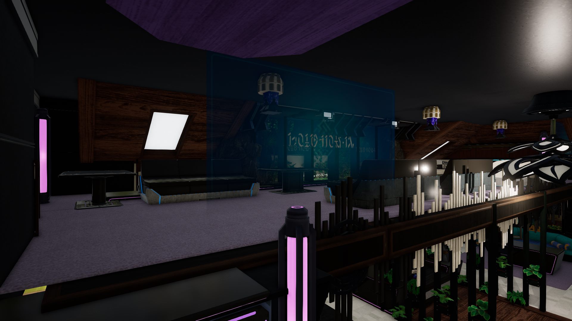 The upper floor seen from the landing: lavender carpet, dark modular couches trimmed in blue light, gold dome pendant lamps, and a translucent teal partition etched with glowing glyphs.