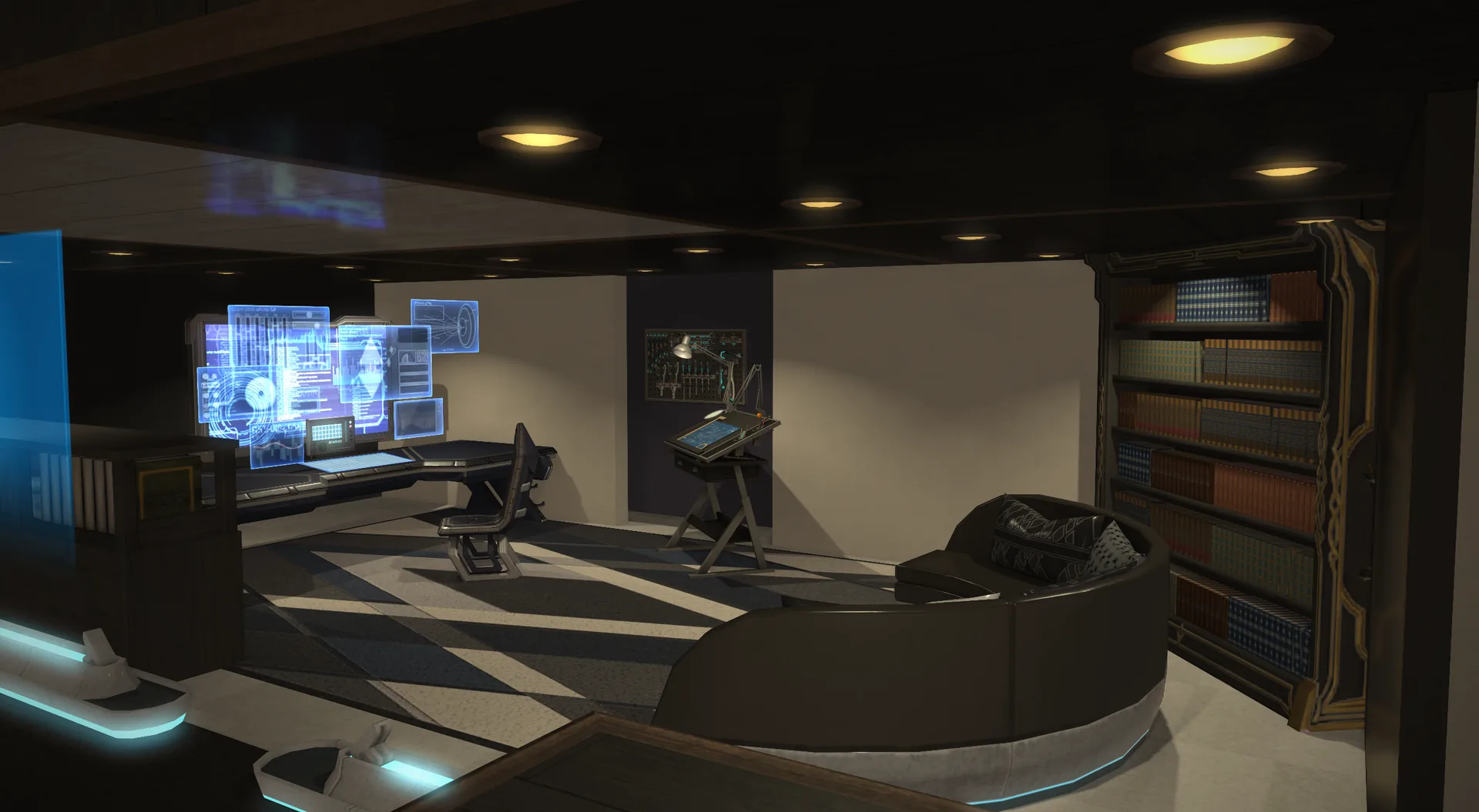 A study under warm ceiling lights: floating blue holographic panels above a desk and chair, a drafting console alongside, a round black couch rimmed in teal light, a tall bookshelf of bound volumes against the right wall, and a black and white harlequin rug across the floor.